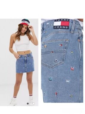 Tommy Jeans Skirt Embroidered Denim Raw Hem Size 24